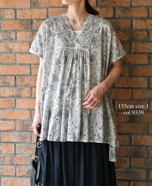 NSL26064 80s VOILE LEAF & FLOWER PRINT V-NECK FRENCH/SL TUNIC