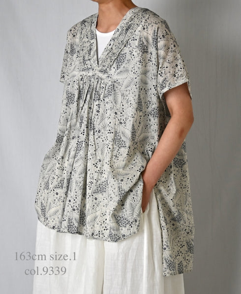 NSL26064 80s VOILE LEAF & FLOWER PRINT V-NECK FRENCH/SL TUNIC