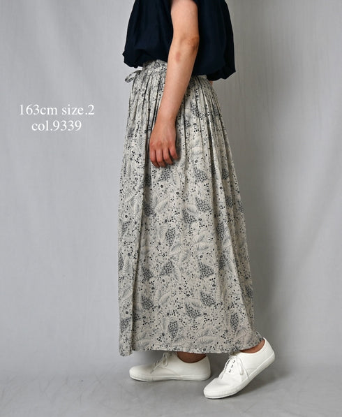 NSL26065 80s VOILE LEAF & FLOWER PRINT GATHERED SKIRT