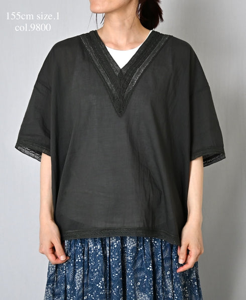 NSL24032 80s COTTON VOILE LACE V-NECK LACE S/SL PULLOVER