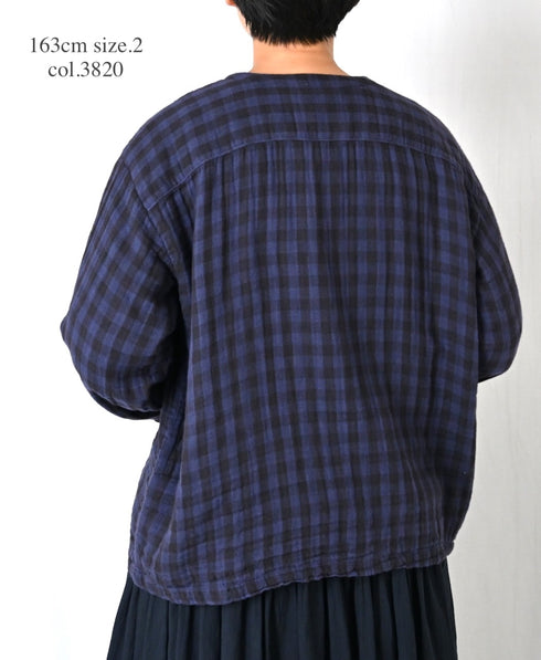 INAM2683DGD COTTON DOUBLE GAUZE CHECK OVERDYE CREW NECK CARDIGAN