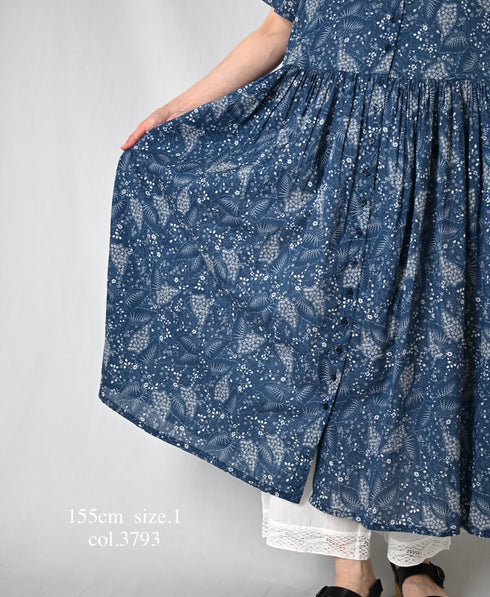 NSL26063 80s VOILE LEAF & FLOWER PRINT REGULAR COLLAR S/SL DRESS