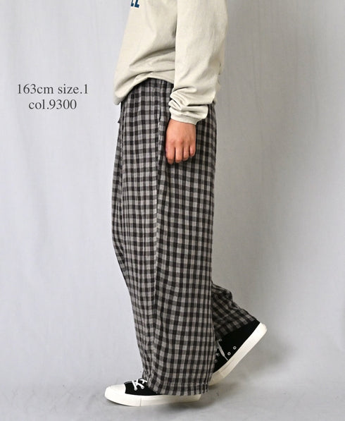 INAM2684DGD COTTON DOUBLE GAUZE CHECK OVERDYE GATHERED EASY PANTS WITH LINING