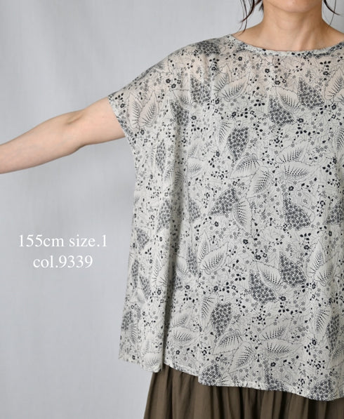 NSL26062 80s VOILE LEAF & FLOWER PRINT FRENCH/SL BACK SIDE GATHERED SMOCK