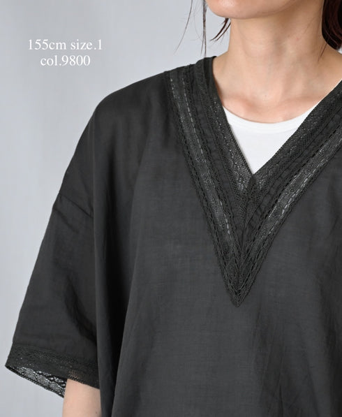 NSL24032 80s COTTON VOILE LACE V-NECK LACE S/SL PULLOVER