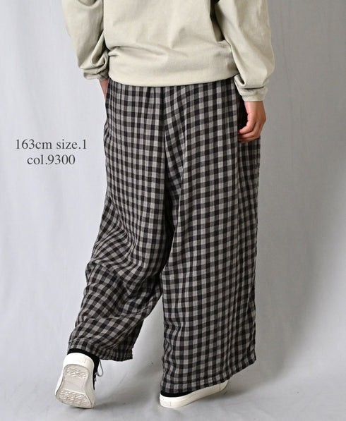INAM2684DGD COTTON DOUBLE GAUZE CHECK OVERDYE GATHERED EASY PANTS WITH LINING