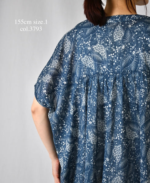 NSL26064 80s VOILE LEAF & FLOWER PRINT V-NECK FRENCH/SL TUNIC