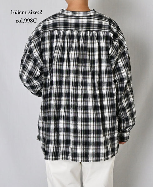 INAM2672 YARN DYED COTTON CHECK WORK GATHER SHIRT