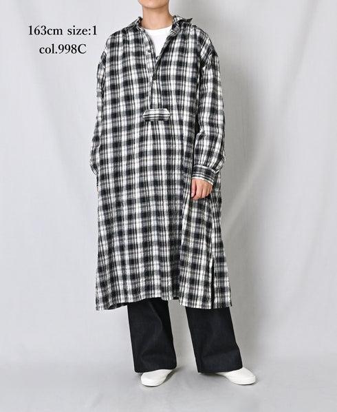 INAM2673 YARN DYED COTTON CHECK WORK GATHER LONG SHIRT