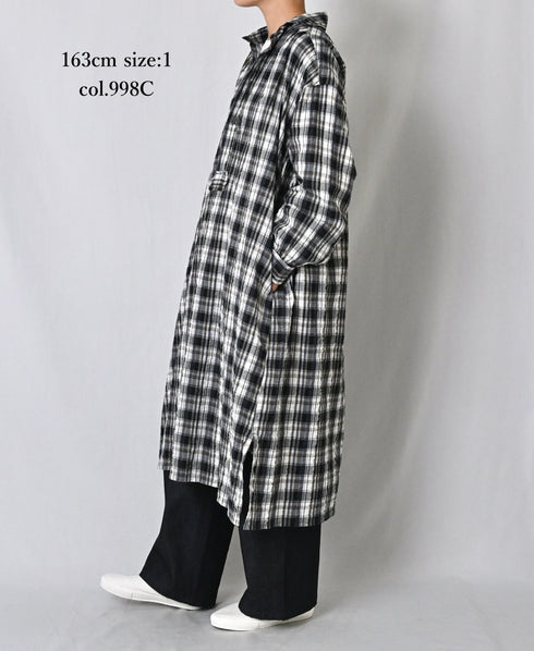 INAM2673 YARN DYED COTTON CHECK WORK GATHER LONG SHIRT