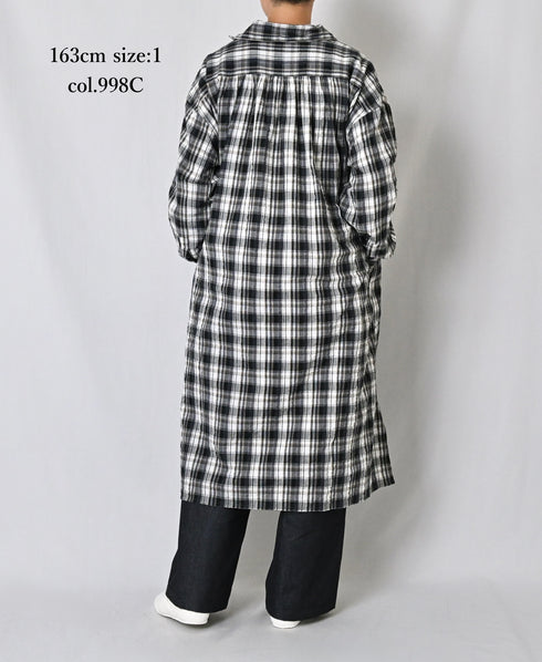 INAM2673 YARN DYED COTTON CHECK WORK GATHER LONG SHIRT