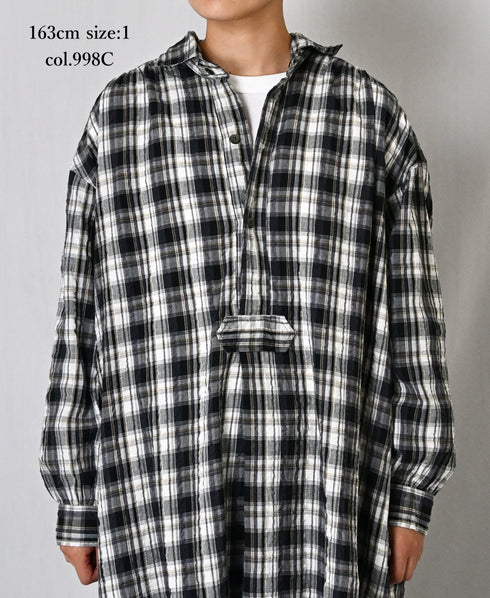INAM2673 YARN DYED COTTON CHECK WORK GATHER LONG SHIRT