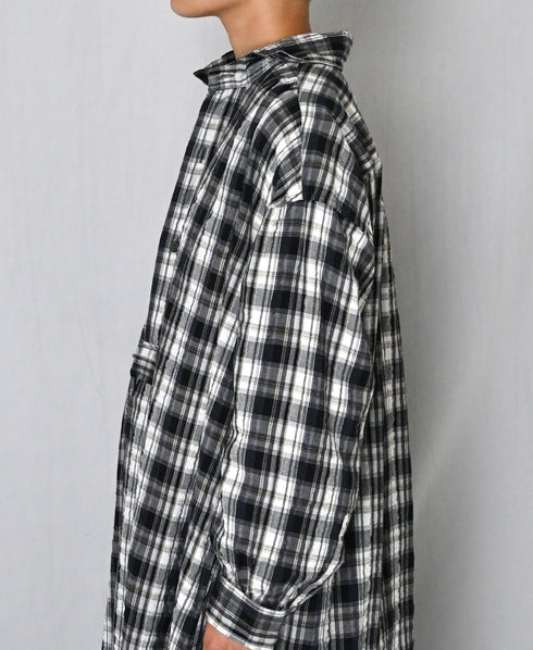INAM2673 YARN DYED COTTON CHECK WORK GATHER LONG SHIRT