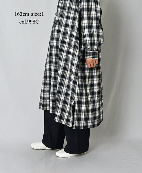 INAM2673 YARN DYED COTTON CHECK WORK GATHER LONG SHIRT