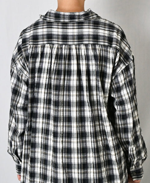 INAM2673 YARN DYED COTTON CHECK WORK GATHER LONG SHIRT