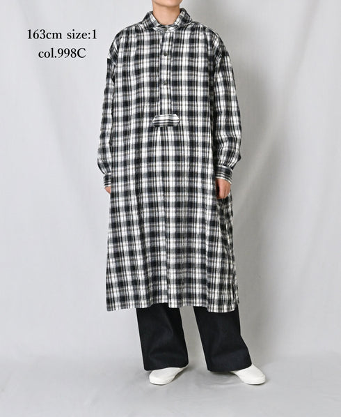 INAM2673 YARN DYED COTTON CHECK WORK GATHER LONG SHIRT