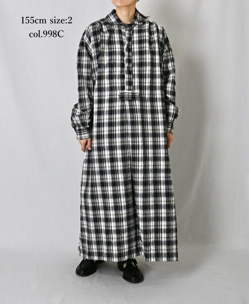 INAM2673 YARN DYED COTTON CHECK WORK GATHER LONG SHIRT