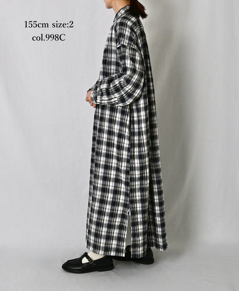 INAM2673 YARN DYED COTTON CHECK WORK GATHER LONG SHIRT