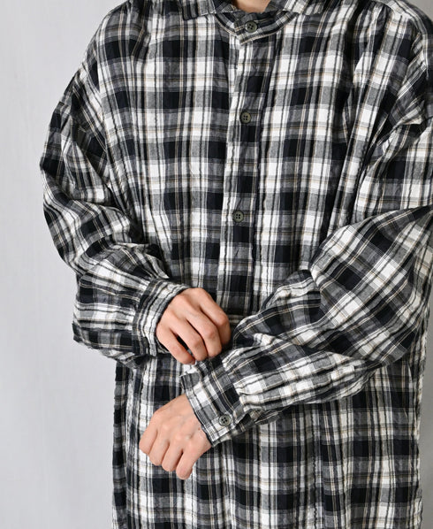 INAM2673 YARN DYED COTTON CHECK WORK GATHER LONG SHIRT