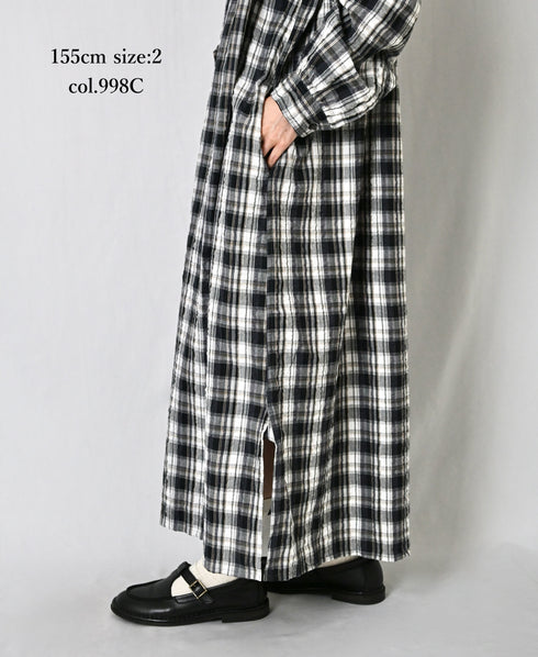 INAM2673 YARN DYED COTTON CHECK WORK GATHER LONG SHIRT