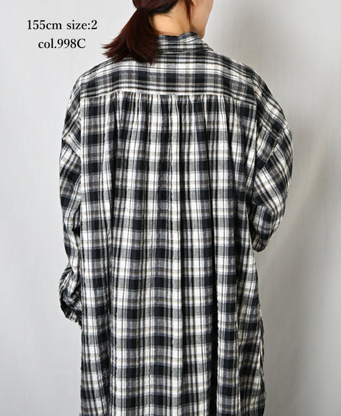 INAM2673 YARN DYED COTTON CHECK WORK GATHER LONG SHIRT