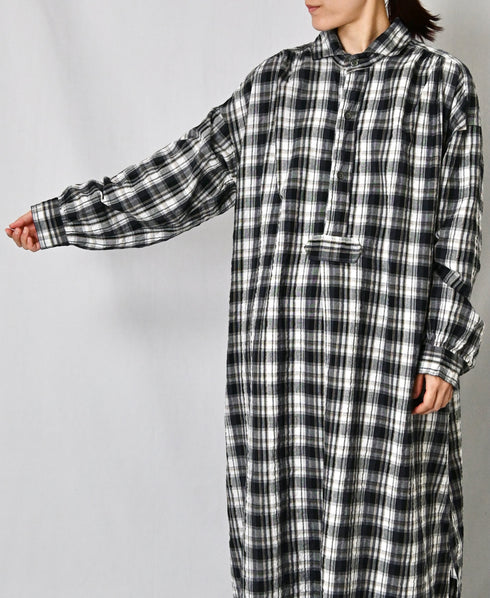 INAM2673 YARN DYED COTTON CHECK WORK GATHER LONG SHIRT