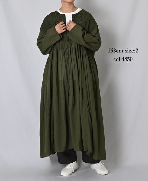 NMDS26604D ORGANIC MICRO CHK&VOILE PLAIN PATCHWORK OVERDYE CREW-NECK BUTTON SHIRT MAXI DRESS WITH PINTUCK