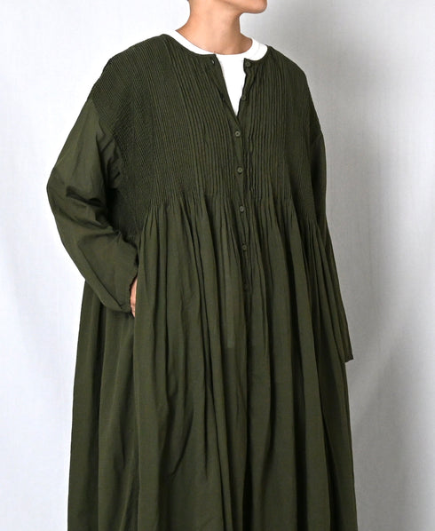 NMDS26604D ORGANIC MICRO CHK&VOILE PLAIN PATCHWORK OVERDYE CREW-NECK BUTTON SHIRT MAXI DRESS WITH PINTUCK