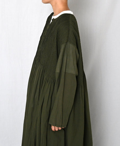 NMDS26604D ORGANIC MICRO CHK&VOILE PLAIN PATCHWORK OVERDYE CREW-NECK BUTTON SHIRT MAXI DRESS WITH PINTUCK