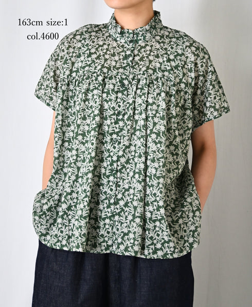 NSL26071 80s VOILE TWO TONE FLOWER PRINT FRILL COLLAR FRENCH/SL SHIRT