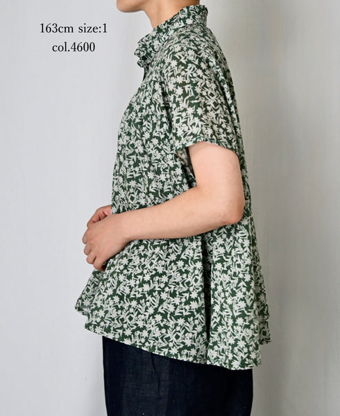 NSL26071 80s VOILE TWO TONE FLOWER PRINT FRILL COLLAR FRENCH/SL SHIRT