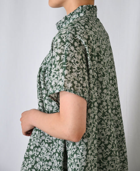 NSL26071 80s VOILE TWO TONE FLOWER PRINT FRILL COLLAR FRENCH/SL SHIRT