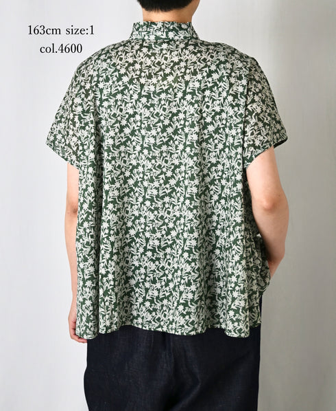 NSL26071 80s VOILE TWO TONE FLOWER PRINT FRILL COLLAR FRENCH/SL SHIRT