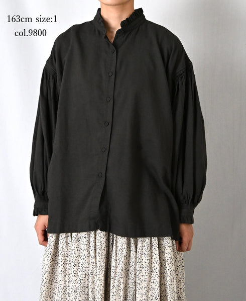 INMDS26702 TWILL COTTON KHADI PLAIN FRILL COLLAR SHIRTS WITH MINI PINTUCK