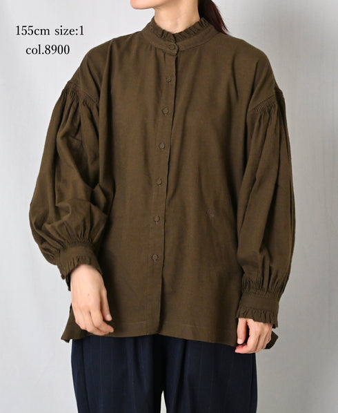 INMDS26702 TWILL COTTON KHADI PLAIN FRILL COLLAR SHIRTS WITH MINI PINTUCK