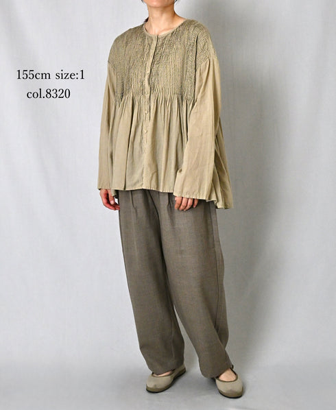 NMDS26603D ORGANIC MICRO CHK&VOILE PLAIN PATCHWORK OVERDYE CREW-NECK BUTTON SHIRT WITH PINTUCK