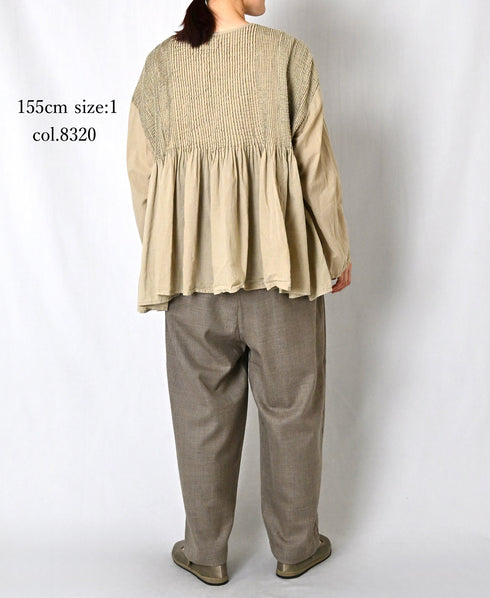 NMDS26603D ORGANIC MICRO CHK&VOILE PLAIN PATCHWORK OVERDYE CREW-NECK BUTTON SHIRT WITH PINTUCK