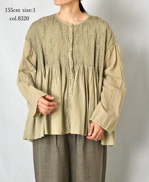 NMDS26603D ORGANIC MICRO CHK&VOILE PLAIN PATCHWORK OVERDYE CREW-NECK BUTTON SHIRT WITH PINTUCK