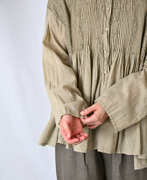 NMDS26603D ORGANIC MICRO CHK&VOILE PLAIN PATCHWORK OVERDYE CREW-NECK BUTTON SHIRT WITH PINTUCK
