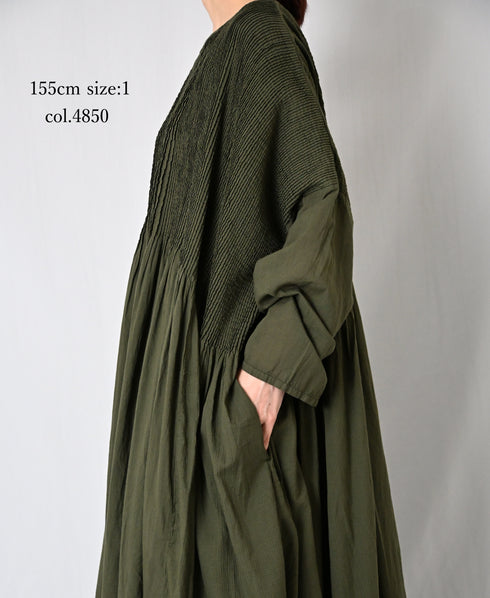 NMDS26602D ORGANIC MICRO CHK&VOILE PLAIN PATCHWORK OVERDYE PINTUCK PULLOVER DRESS