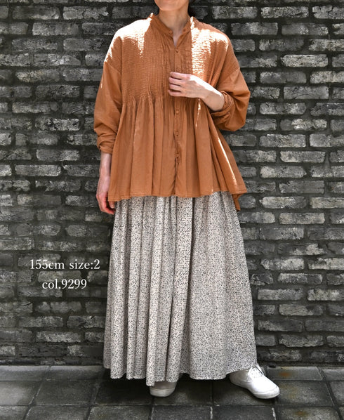 INMDS26123 POWER LOOM COTTON VOILE ARABESQUE HAND SCREEN PRINT FLARED SKIRT WITH PINTUCK