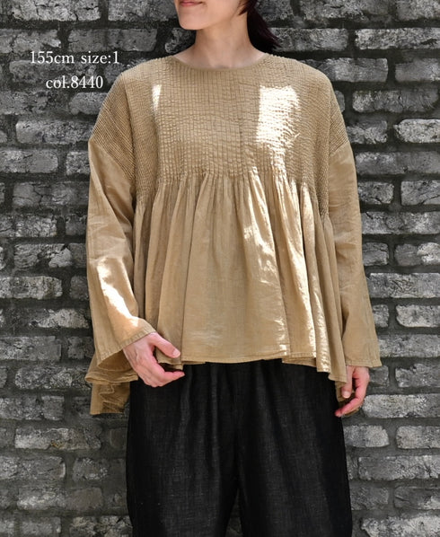 NMDS26511D 80s ORGANIC VOILE STRIPE (OVERDYE) CREW-NECK 3/4 SL SHIRT WITH MINI PINTUCK