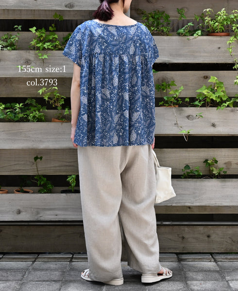 NSL26062 80s VOILE LEAF & FLOWER PRINT FRENCH/SL BACK SIDE GATHERED SMOCK