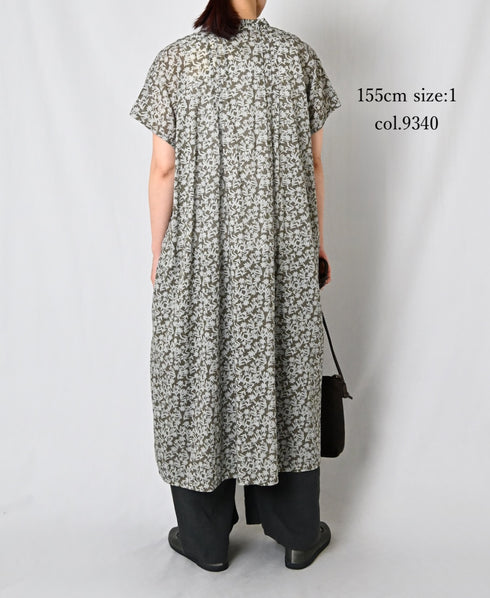 NSL26073 80s VOILE TWO TONE FLOWER PRINT BANDED COLLAR FRENCH/SL PINTUCK DRESS