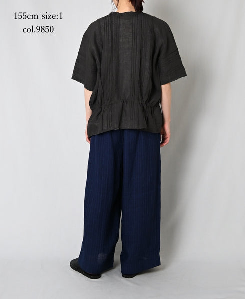 NMDS26271 80s POWER LOOM LINEN PLAIN LACE PINTUCK HALF/SLEEVE 2WAY SHIRT