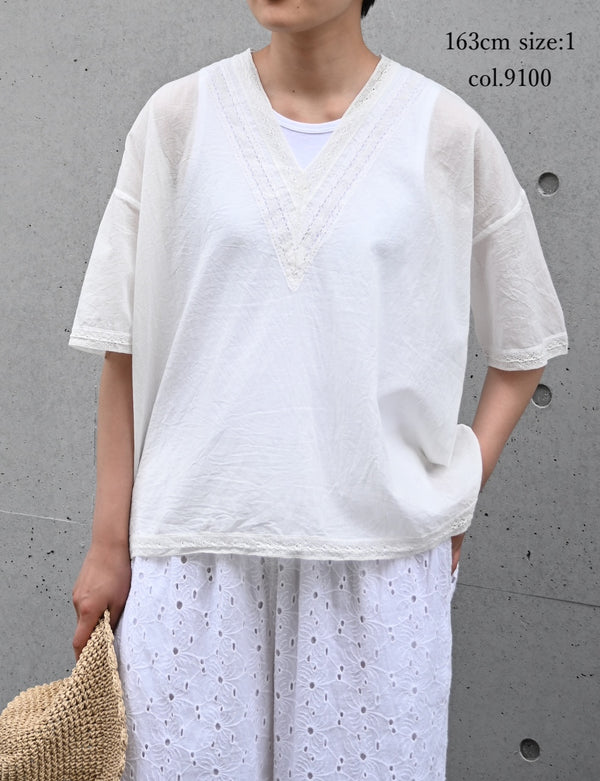 NSL24032 80s COTTON VOILE LACE V-NECK LACE S/SL PULLOVER