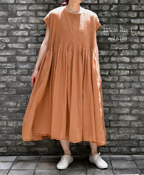 NMDS26513D 80s ORGANIC VOILE STRIPE (OVERDYE) CREW-NECK F/SL DRESS WITH PINTUCK