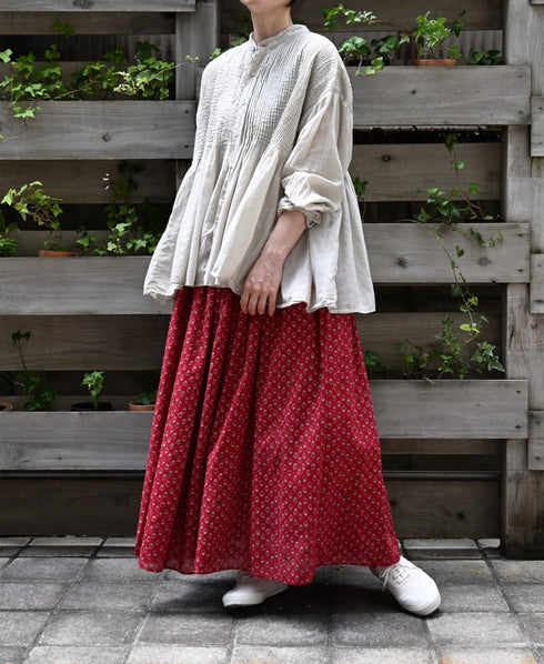 NMDS26254 80s VOILE SMALL GENTIANA BLOCK PRINT GATHERED SKIRT WITH LINING