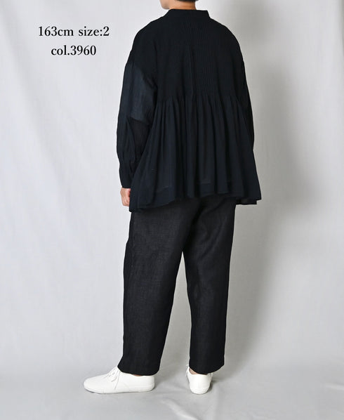 NMDS26512D 80s ORGANIC VOILE STRIPE (OVERDYE) MINI PINTUCK BANDED SHIRT