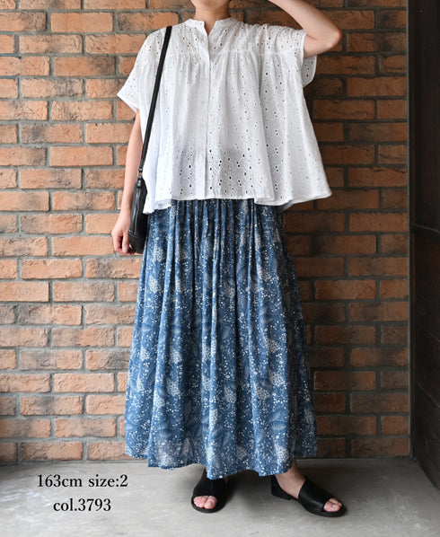 NSL26065 80s VOILE LEAF & FLOWER PRINT GATHERED SKIRT